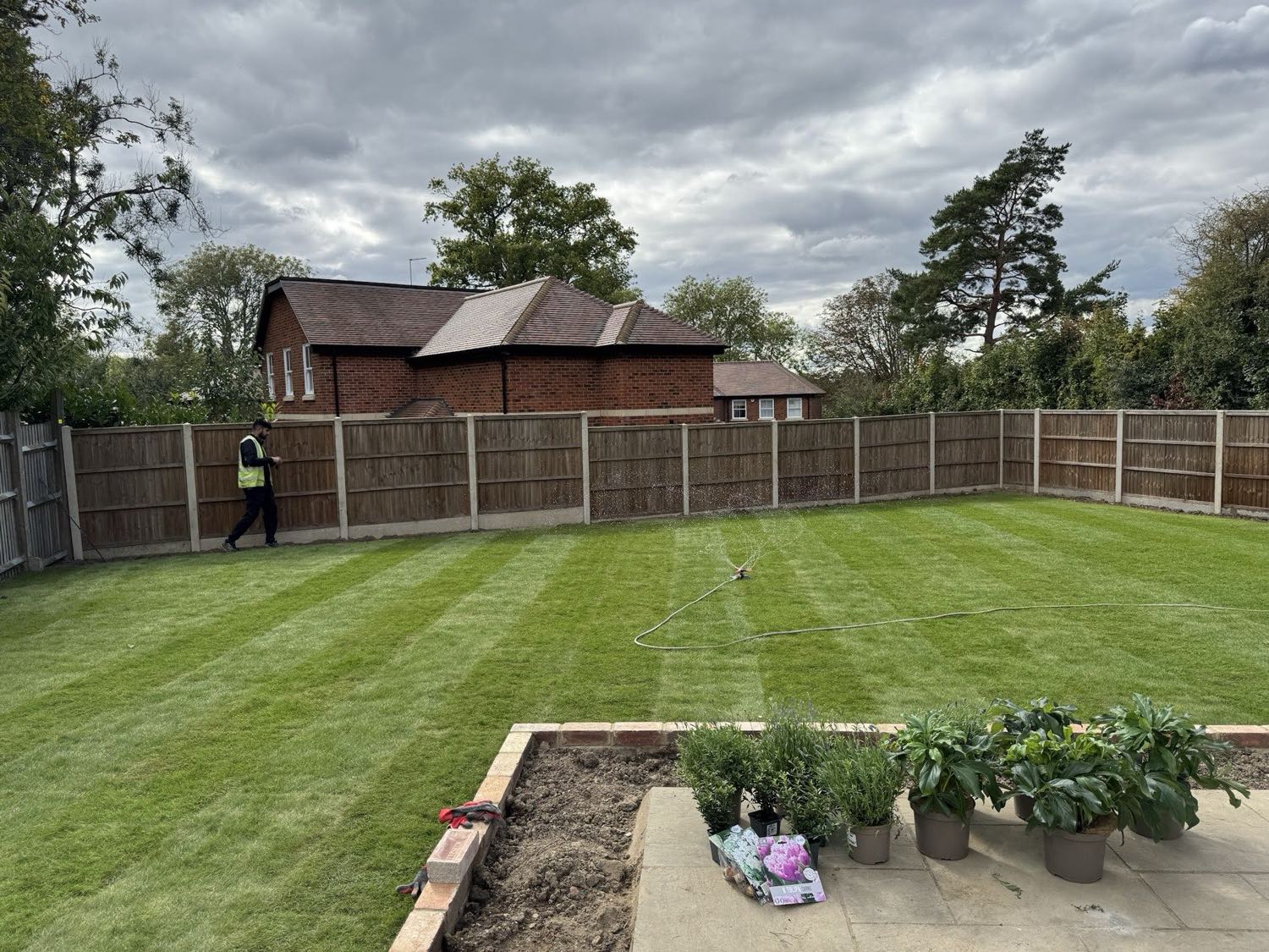 A freshly laid lawn on a new-build plot, graded and rolled, with a sandstone path and a planted border along the house wall ready to go in.