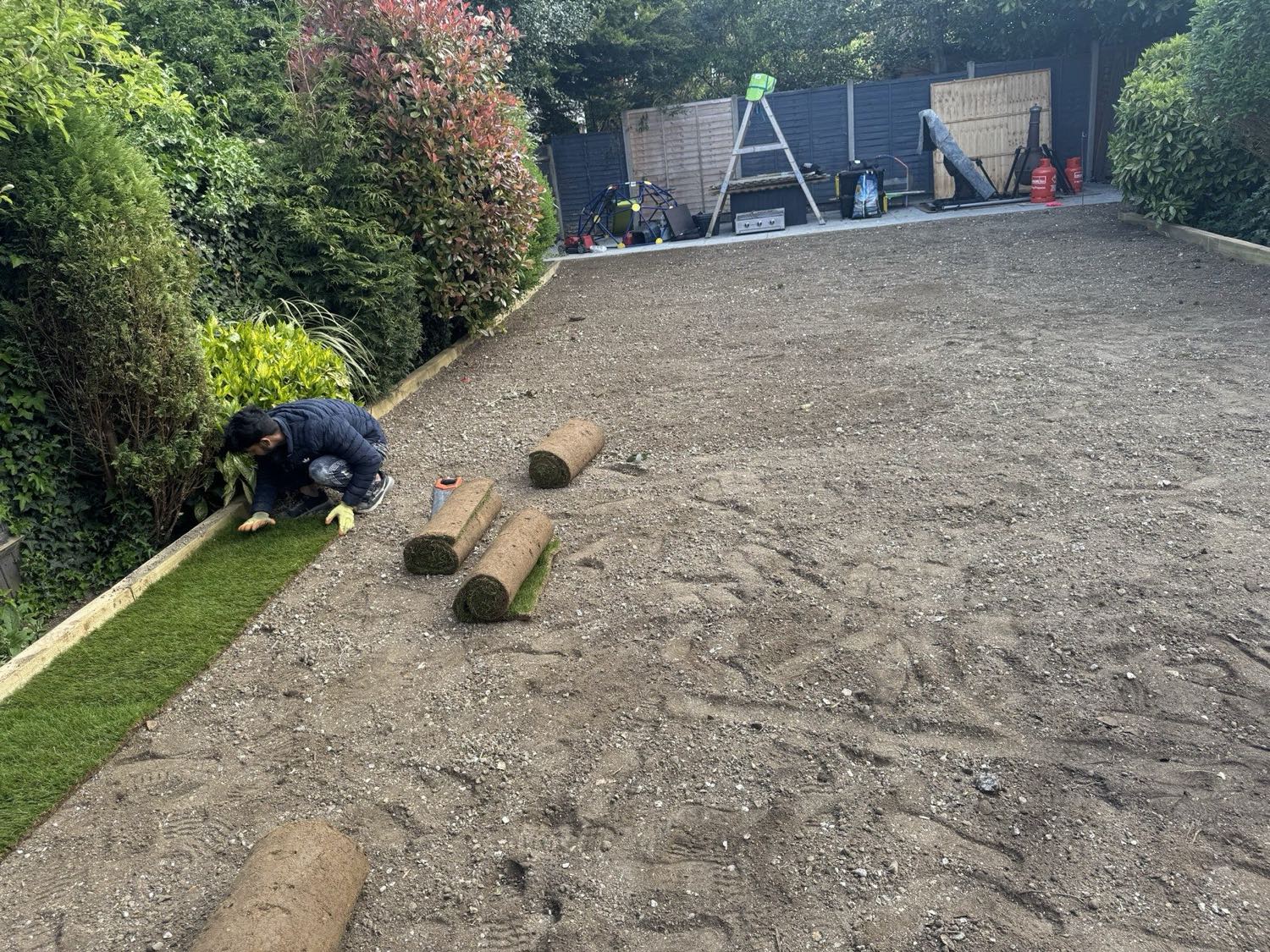 Turf going down over prepared and levelled ground at the back of a house. Everything that decides whether this lawn takes has already happened before the rolls arrive.